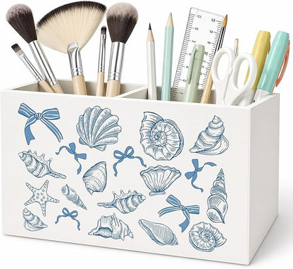 Blue Coastal Beach Pen Pencil Holder for Desk, Bow Pencil Holders Wooden Box Organizer for Home Office Bedroom Desk Tabletop