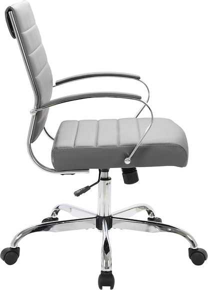LeisureMod Benmar Leather Office Desk Chair, Mid-Back Ergonomic Swivel Chair with Lumbar Support, Adjustable Height, Tilt Lock, Cushioned Seat & Back, Home Office Task Chair (Grey, Pallet)