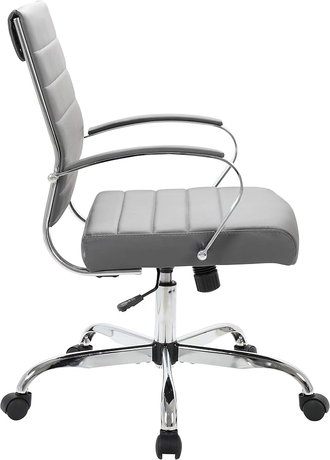 LeisureMod Benmar Leather Office Desk Chair, Mid-Back Ergonomic Swivel Chair with Lumbar Support, Adjustable Height, Tilt Lock, Cushioned Seat & Back, Home Office Task Chair (Grey, Single)