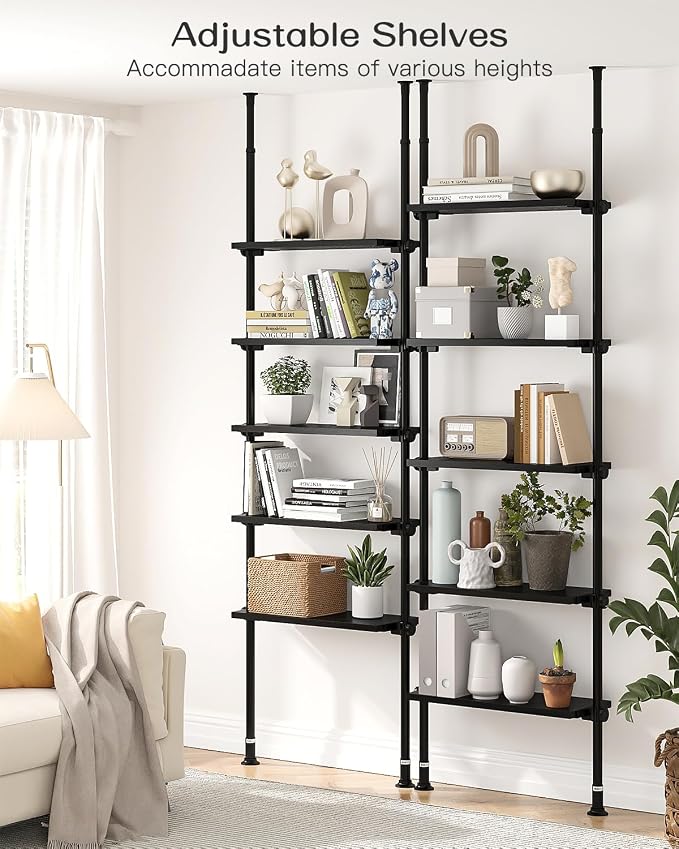 ALLZONE Adjustable Tall Narrow Bookshelf, 5-Tier Floor-to-Ceiling Tension Mount Ladder Book Shelf with Storage for Versatile Uses, Fits 92-116 Inch Ceilings, 27.84-Inch Wide Wood Shelves, Black Relief