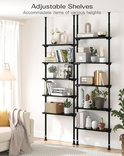 ALLZONE Adjustable Tall Narrow Bookshelf, 5-Tier Floor-to-Ceiling Tension Mount Ladder Book Shelf with Storage for Versatile Uses, Fits 92-116 Inch Ceilings, 27.84-Inch Wide Wood Shelves, Black Relief