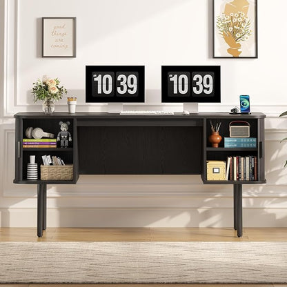 ONBRILL 63 Inch Fluted Computer Desk with Charging Station, Mid Century Executive Desk with 2 Storage Cabinets, Modern Home Office Large Desk with Metal Legs for Working, Studying, Writing, Black