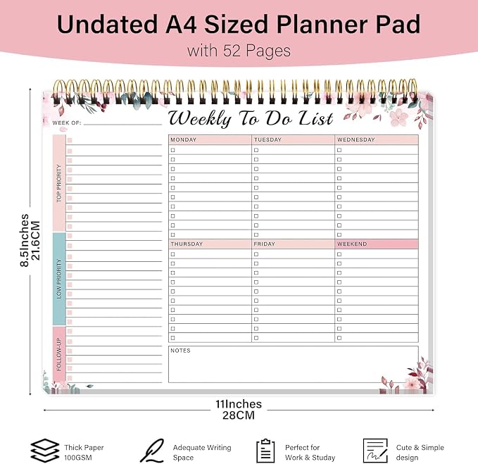 Weekly To Do List Notepad with 52 Undated Sheets（8.5"×11"）- Undated Weekly Desk Planner for Women & Man, School/Office Supplies