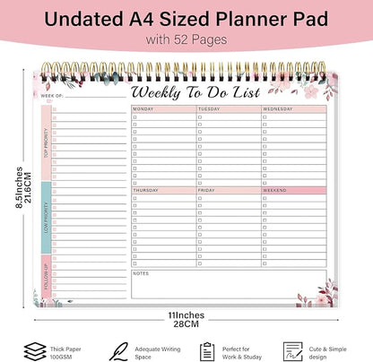 Weekly To Do List Notepad with 52 Undated Sheets（8.5"×11"）- Undated Weekly Desk Planner for Women & Man, School/Office Supplies