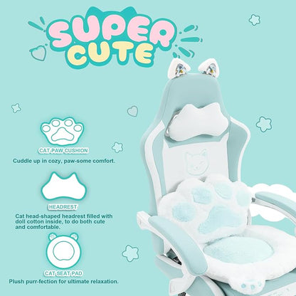 Dowinx Gaming Chair with Cat Ears and Massage Lumbar Support, Ergonomic Computer Chair with Footrest and Headrest, Comfortable Reclining Game Chair 291lbs for Adults, Blue
