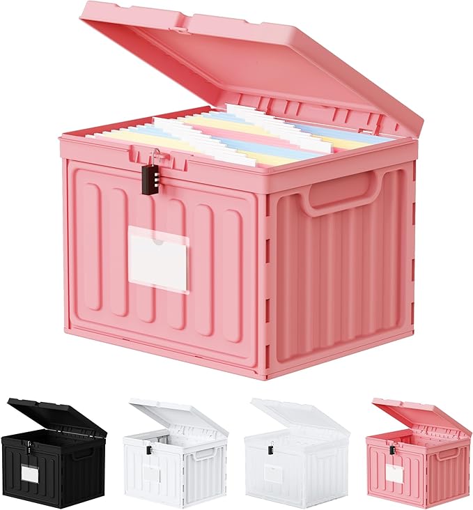 Small File Cabinet, Plastic File Box with Lid for Letter Size Hanging File Folders, Easy Carry Filling Box for Home, Office, School, Vertical File Cabinets, Stackable Storage Bins(Pink,1 Pack)