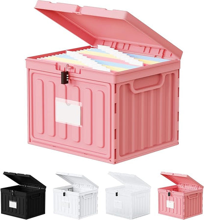 Small File Cabinet, Plastic File Box with Lid for Letter Size Hanging File Folders, Easy Carry Filling Box for Home, Office, School, Vertical File Cabinets, Stackable Storage Bins(Pink,1 Pack)