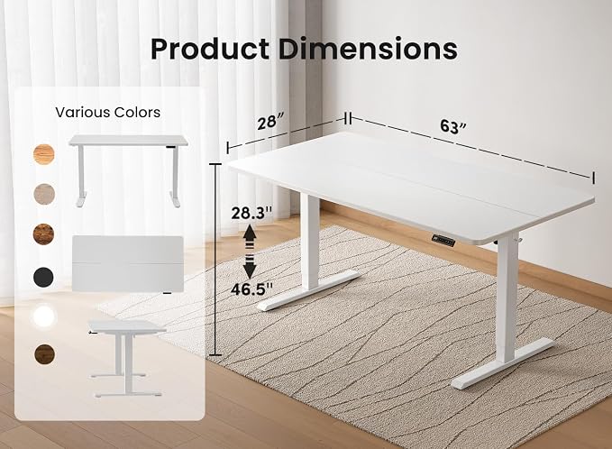 BANTI 63 × 28 Inches Standing Desk, Ergonomic, Electric Height Adjustable, Sit and Stand Up, Computer Office Desk with Splice Board, White Frame/White Top