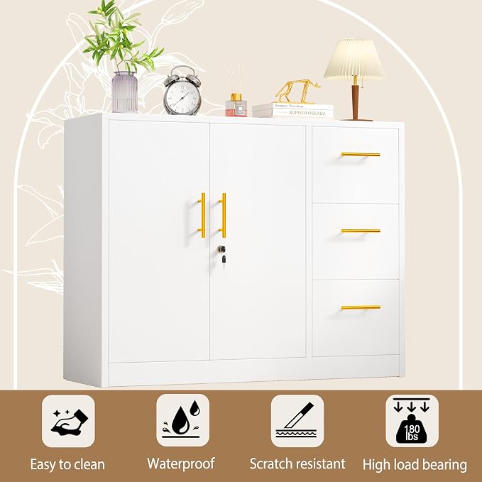 pozdeg Buffet Sideboard Cabinet with Storage, 36.61" H Kitchen Storage Pantry Cabinet with 3 Drawers, Metal Cupboard Coffee Bar Station Table for Kitchen, Living Room, Dining Room (White)