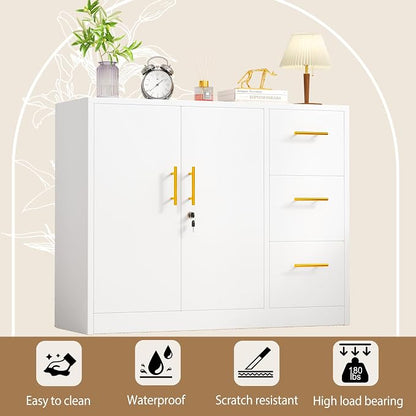 pozdeg Buffet Sideboard Cabinet with Storage, 36.61" H Kitchen Storage Pantry Cabinet with 3 Drawers, Metal Cupboard Coffee Bar Station Table for Kitchen, Living Room, Dining Room (White)