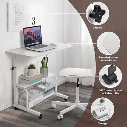 Adjustable Height Mobile Computer Desk for Small Space Rolling Writing with Wheels Corner Home Office Study Portable Bedrooms Work Desk Standing Table Sizes 31.5X15.7 Inches White