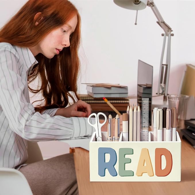 Reading Room Corner Decor Kids Pen Pencil Holder for Desk, Book Lover Reader Gifts, Boho READ Bookish Wooden Box Sign Decorations for Reading Room Nook Home Library Classroom Desk Tabletop