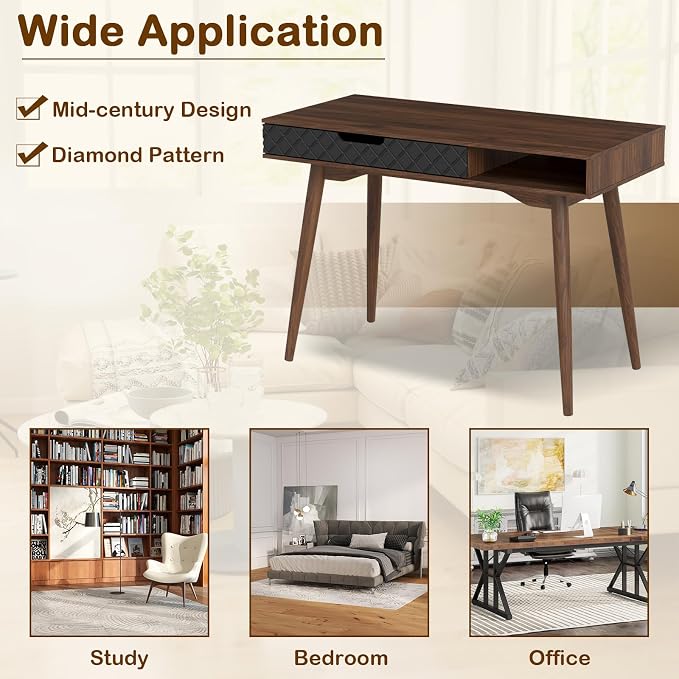 Giantex Mid Century Modern Desk, 42.5" Vintage Computer Desk with Storage Drawer & Rubber Wood Legs, Makeup Vanity Table, Wood Computer Workstation, Small Writing Desk for Bedroom, Small Space, Walnut