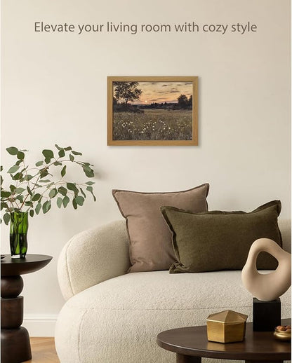 CXQILVER Vintage Framed Meadow Sunset Wall Art, Rustic Twilight Field Landscape Canvas Wall Decor Wildflowers Firefly Poster Print Farmhouse Nature Painting Artwork for Living Room Bedroom 8x10 Inch