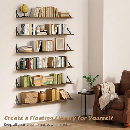 Forbena 48 Inch Floating Shelves for Wall Long Set of 3, Large Wooden Wall Bookshelf for Bedroom Books, Rustic Wood Hanging Bookshelves for Living Room Laundry Closet Kitchen Storage (Dark Brown)
