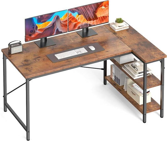 DUMOS L Shaped Desk 47 Inch Computer Corner Gaming Desks for Home Office PC Table with Reversible Storage Shelves for Writing Working Study Bedroom Dorm Rustic Brown