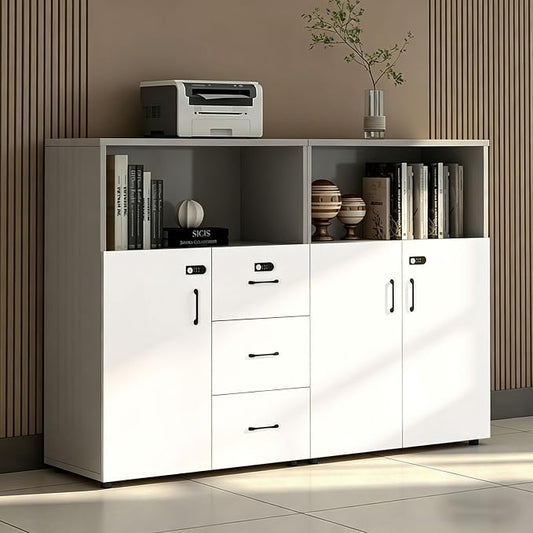 File Cabinet with Password Lock, Wood Lateral Filing Cabinet for Letter/A4 Files, 3 Drawer with Door, Printer Stand with Open Shelves for Home Office