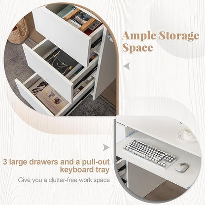 Giantex White Desk with Drawers, Modern Computer Desk with Charging Station & Keyboard Tray, Laptop PC Computer Workstation, Study Writing Desk for Bedroom