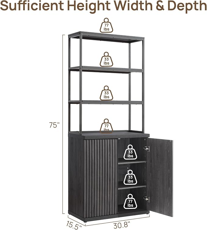 SICOTAS Fluted Book Shelf with Doors - 75" Tall Bookshelf with Storage 6 Tier Large Bookcase with Bottom Cabinet - Modern Metal Book Case for Living Room, Home Office, Kitchen and Library, 1 Piece