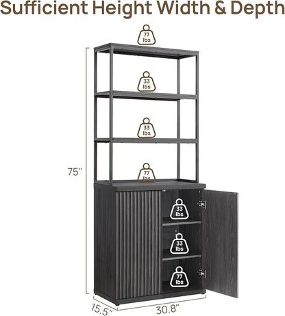 SICOTAS Fluted Book Shelf with Doors - 75" Tall Bookshelf with Storage 6 Tier Large Bookcase with Bottom Cabinet - Modern Metal Book Case for Living Room, Home Office, Kitchen, 3 Pieces