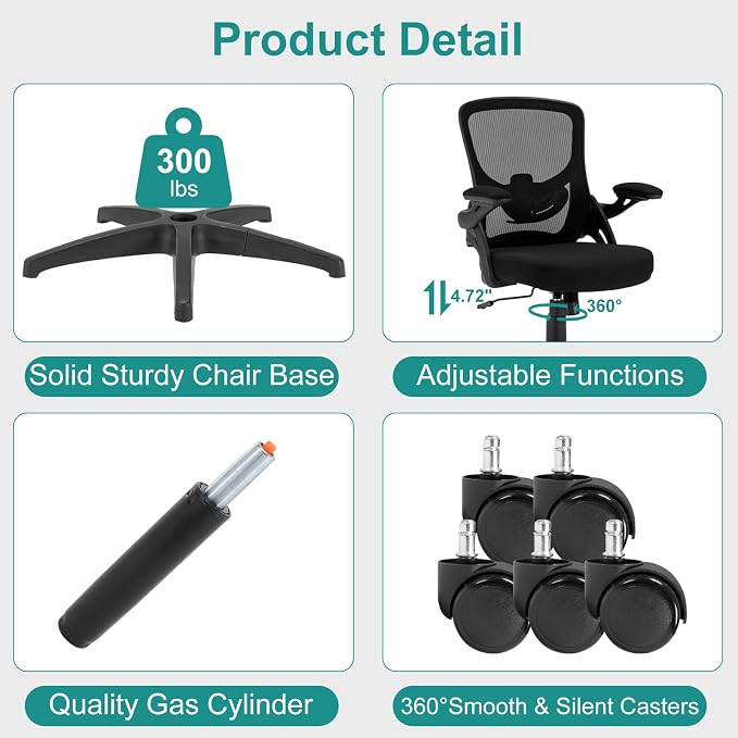 Office Chair, Ergonomic Desk Chair with Adjustable Lumbar Support Breathable Mesh Computer Chair with Flip-up Armrests, Comfy Mid Back Rolling Swivel Executive Chair for Home Office, Black