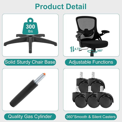 Office Chair, Ergonomic Desk Chair with Adjustable Lumbar Support Breathable Mesh Computer Chair with Flip-up Armrests, Comfy Mid Back Rolling Swivel Executive Chair for Home Office, Black