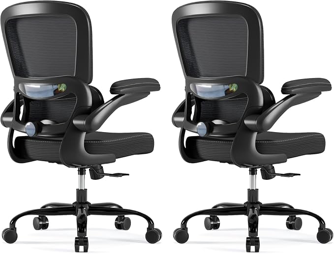 TRALT Ergonomic Office Chair - Desk Chair with Adjustable Headrest Lumbar Support Computer Chair - Mesh Comfy Chair with Flip-up Armrests - Gaming Chair for Adults Home Office PU, Black, Pack of 2