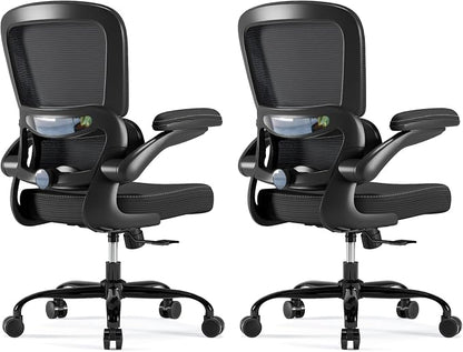 TRALT Ergonomic Office Chair - Desk Chair with Adjustable Headrest Lumbar Support Computer Chair - Mesh Comfy Chair with Flip-up Armrests - Gaming Chair for Adults Home Office PU, Black, Pack of 2