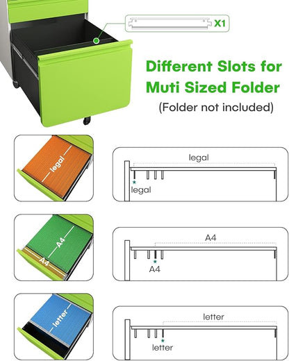 Dripex 3 Drawer Green File Cabinet, Mobile Under Desk Storage File Cabinet with Lock on Wheels, Letter/Legal Size, Fully Assembled, Small Short Vertical Metal Rolling Filing Cabinets for Home Office
