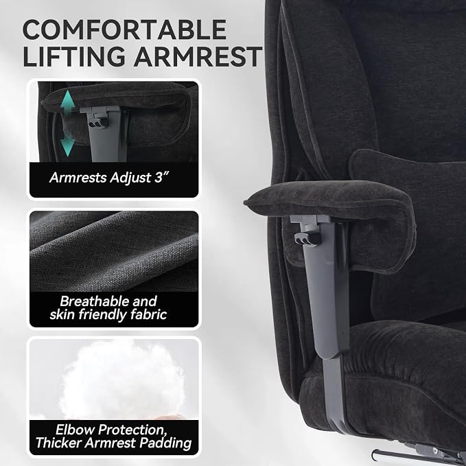 Efomao Executive Office Chair 400lbs, Black Fabric Big and Tall Desk Chair | Breathable fabric, pocket spring & foam seat, retractable footrest, 135° recline for computer gaming setup