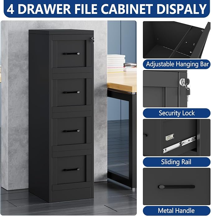 Ckzbx 4 Drawer File Cabinet with Lock, Narrow Vertical Filing Cabinet, Under Desk File Cabinets,Black Metal File Cabinets for Home Office,Fit Letter/A4/Legal Size File