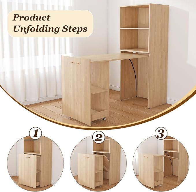 Fold Out Desk with Storage Shelves & Mobile Wheels, Convertible Pull-Out Murphy Desk for Small Spaces | Hidden Writing Computer Desks for Home Office, Apartment & Bedroom(Natural Wood)