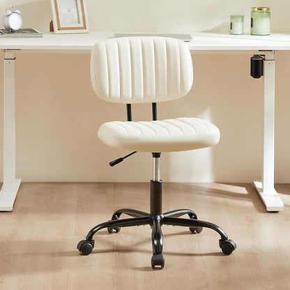 Simple Deluxe Small Desk Chair, Armless Office Chair with Wheels, PU Leather Comfy Computer Task Swivel Vanity Rolling Chairs No Arms for Small Space, Home Office, Beige White