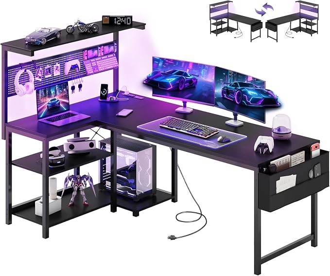 Apicizon L Shaped Desk Gaming Desk with LED Light & Power Outlet, 55 Inch Reversible Computer Desk with Pegboard & Shelf & Storage Bag for Home Office, Black