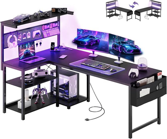 Apicizon L Shaped Desk Gaming Desk with LED Light & Power Outlet, 55 Inch Reversible Computer Desk with Pegboard & Shelf & Storage Bag for Home Office, Black