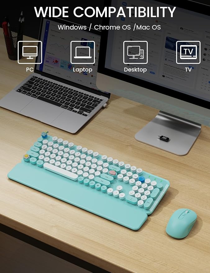 Wireless Keyboard and Mouse Combo - Cute Typewriter Keyboard with Detachable Wrist Rest, Retro Round Keycaps, Foldable Legs, 2.4GHz Full-Size for PC, Laptop, Windows - Trueque (Glacier Blue)