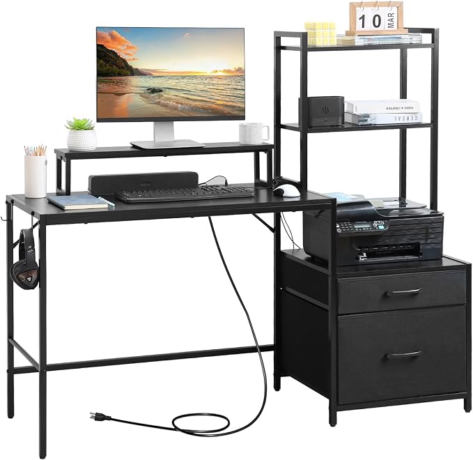 KATHY&BOB 59.1" Computer Desk with Power Outlets and Storage Shelves, Reversible Home Office Desk with 2 Fabric Drawers, Sturdy Writing Table with Detachable Monitor Stand for Small Spaces