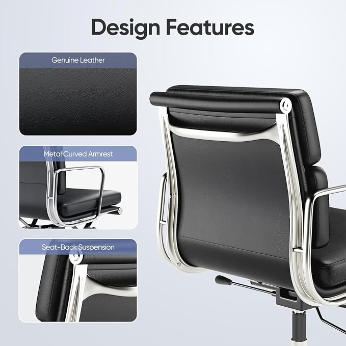 Genuine Leather Office Chair, Padded Mid Back Ergonomic Executive Desk Chair with Aluminum Arm Rest and Base, Swivel Wheels with Lumbar Support & Tilting Function, Hight Adjustable, Black
