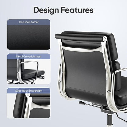 Genuine Leather Office Chair, Padded Mid Back Ergonomic Executive Desk Chair with Aluminum Arm Rest and Base, Swivel Wheels with Lumbar Support & Tilting Function, Hight Adjustable, Black