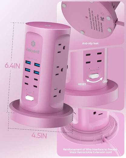 Power Strip Tower, kakyanill Surge Protector Tower 9 AC Outlets 8 USB (4 USB C), 6 Ft Retractable Extension Cord, Charging Station for Office Dorm Room, Purple