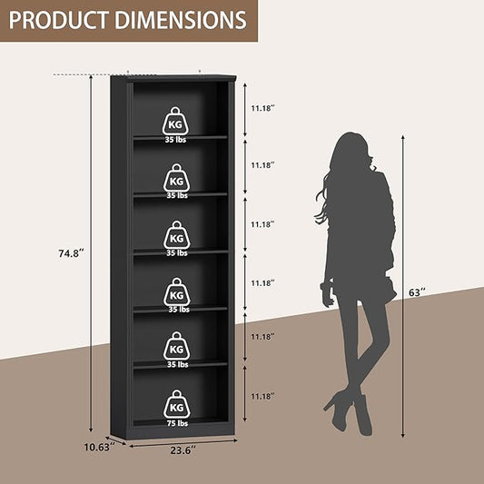 Thacuok 75" Tall Bookshelf Set of 2, 6 Tier Bookshelf with Adjustable Shelves, Bookcase with Anti-Tipping Device, Floor Standing Modern Display Rack,Book Shelf for Living Room, Bedroom, Office, Black