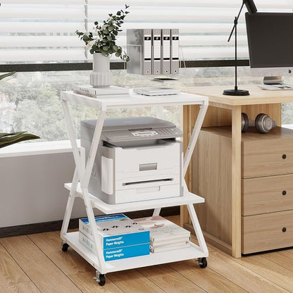 Natwind 3 Tier Printer Stand, 19.7''x19.7'' Large Printer Table with Height Adjustable Shelf, Rolling Printer Cart with Wheels,Multifunctional Organizer Shelf for Home Office Kitchen（White）