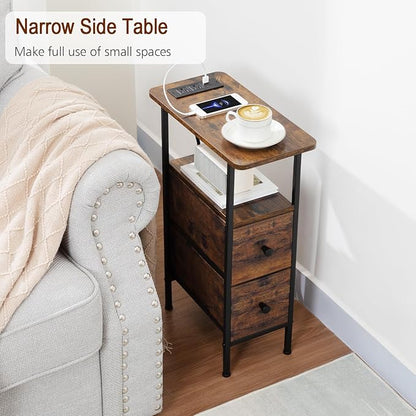 LOAKEKEL Narrow Nightstand with Charging Station, End Tables Living Room Set of 2, Skinny Side Table with Fabric Drawers, Slim Sofa Table for Bedroom, Small Spaces, Couch, Rustic Brown, HETNDP02PBR
