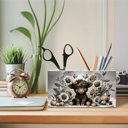 Sunflower Black Highland Cow Pen Holder for Desk, Highland Cow Gifts Wooden Box Sign Desk Decor for Home Office Decoration, Farmhouse Butterfly Floral Heifer Pencil Organizer
