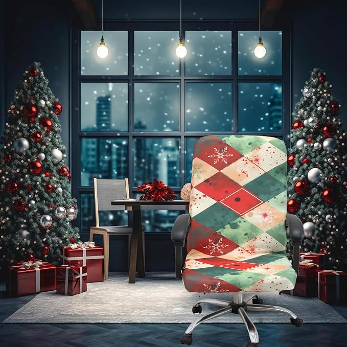 Christmas Office Chair Cover Green,Printed Elk,pinecone,Xmas tree,Snowflake,Jingle bell Stretch Computer Chair Cover Universal Removable Washable Anti-Dust Chair Slipcover with Zipper (L,Christmas-09)