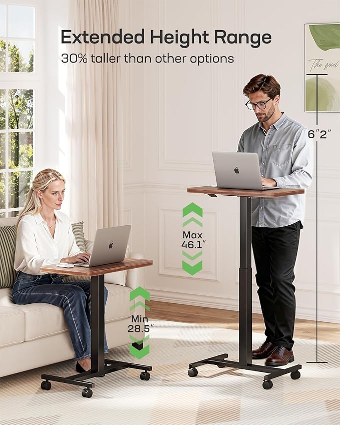 Marsail Mobile Standing Desk, Wider Height Adjustable Computer Desk up to 46.1″, Rolling Sit Stand Desk with 4 Lockable Wheels, Ergonomic Desk for Home Office and Classroom, Walnut