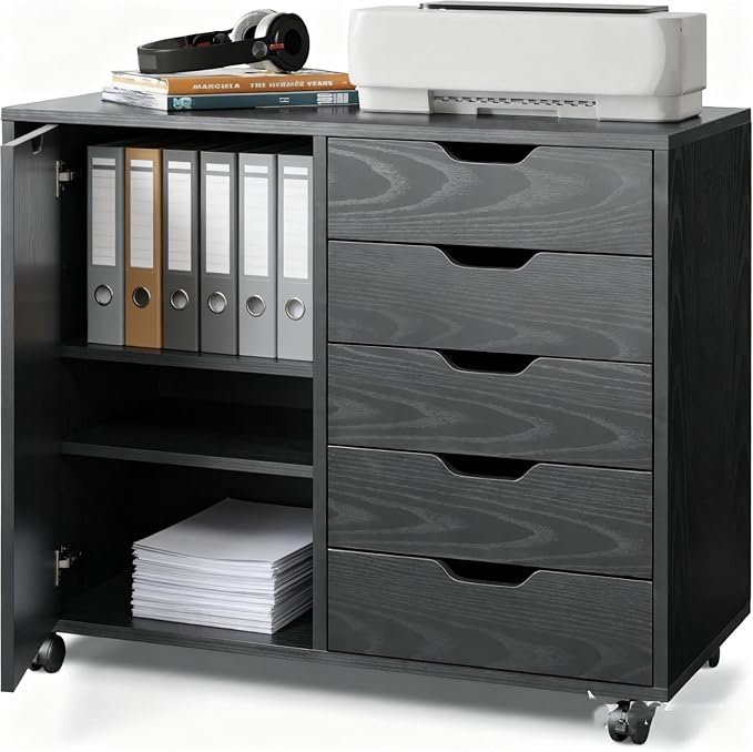 5-Drawer Wood Drawer Cabinet, Office Storage Cabinet with Adjustable Shelf & Wheels, Printer Stand for Home Office, Black, 15.7" D x 30.7" W x 25.4" H