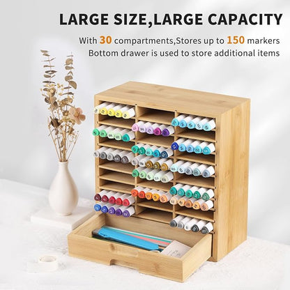 AUTOARK Bamboo Marker Organizer for 150 Markers,AHK-060 | Desktop Storage with Drawers,Art Markers Pens Pencils Brushes