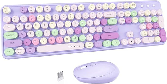 UBOTIE Colorful Wireless Keyboard and Mouse Combos, Retro Typewriter Floating Flexible Full-Sized Keys Computer Keyboard with Optical Mouse, 2.4GHz USB-A Connection for Windows Mac (Purple-Colorful)