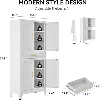 COFaR 71" Tall Pantry Cabinet with Drawer, White Storage Cabinet with Adjustable Shelves, 3-Section Freestanding Cupboard for Kitchen Organization